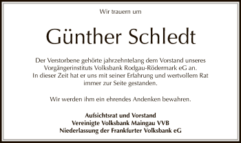 Traueranzeige von Günther Schledt von Offenbach