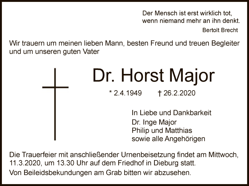  Traueranzeige für Horst Major vom 07.03.2020 aus Offenbach