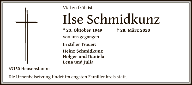  Traueranzeige für Ilse Schmidkunz vom 31.03.2020 aus Offenbach