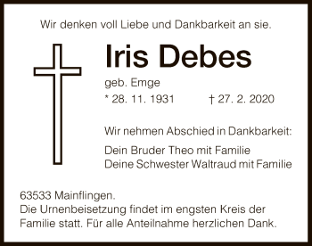 Traueranzeige von Iris Debes von Offenbach