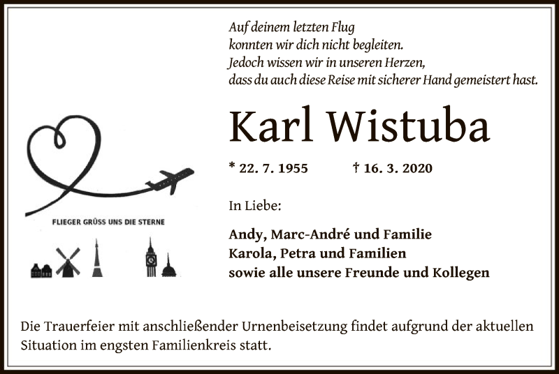  Traueranzeige für Karl Wistuba vom 21.03.2020 aus Offenbach