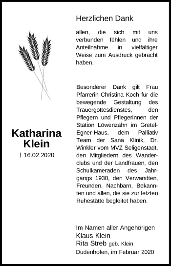 Traueranzeige von Katharina Klein von Offenbach