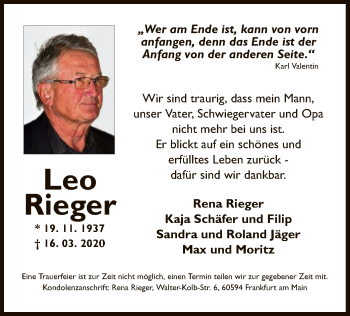 Traueranzeige von Leo Rieger von Offenbach