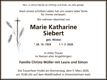 Traueranzeige von Marie Katharine Siebert von Offenbach