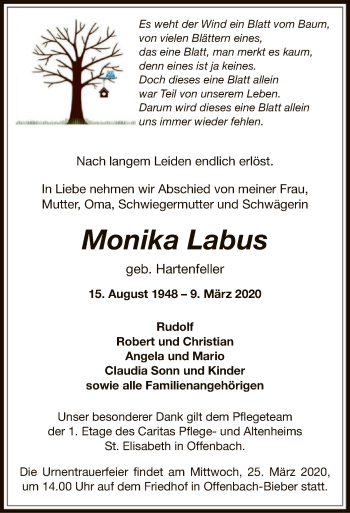 Traueranzeige von Monika Labus von Offenbach