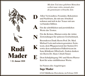 Traueranzeige von Rudi Mader von Offenbach