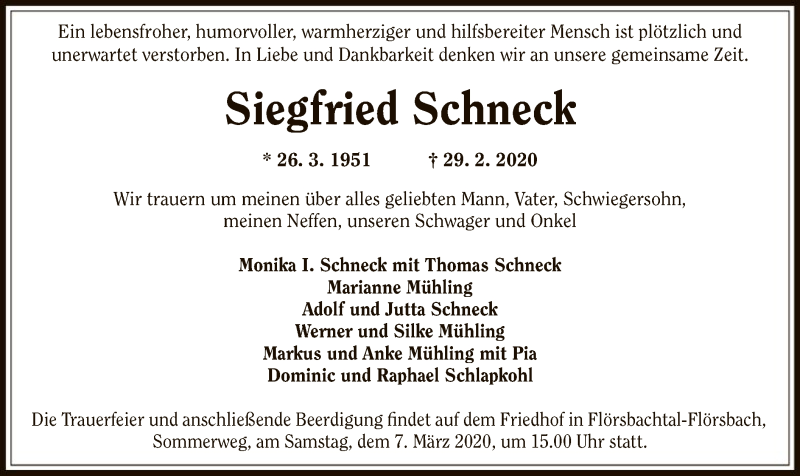  Traueranzeige für Siegfried Schneck vom 04.03.2020 aus Offenbach