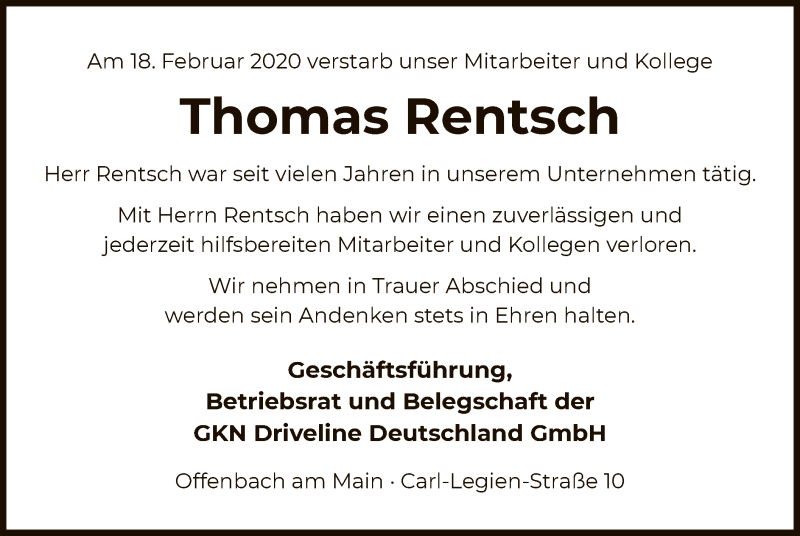  Traueranzeige für Thomas Rentsch vom 02.03.2020 aus Offenbach