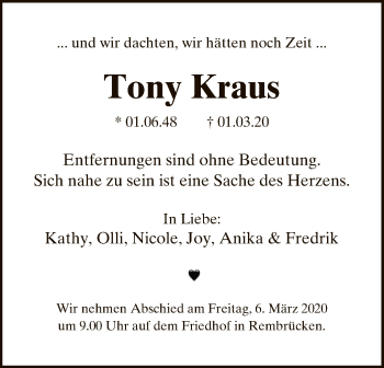 Traueranzeige von Tony Kraus von Offenbach