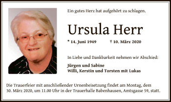 Traueranzeige von Ursula Herr von Offenbach