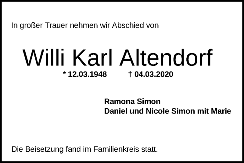  Traueranzeige für Willi Karl Altendorf vom 21.03.2020 aus Offenbach