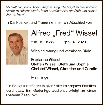 Traueranzeige von Alfred Wissel von OF