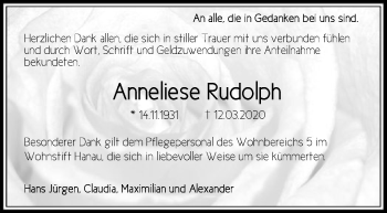 Traueranzeige von Anneliese Rudolph von Offenbach