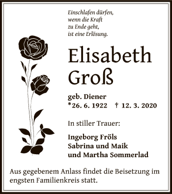 Traueranzeige von Elisabeth Groß von Offenbach