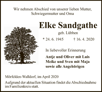 Traueranzeige von Elke Sandgathe von OF