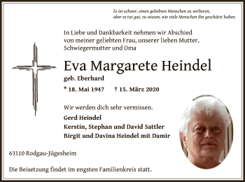 Traueranzeige von Eva Margarete Heindel von Offenbach