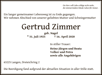 Traueranzeige von Gertrud Zimmer von OF