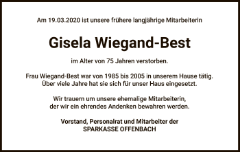 Traueranzeige von Gisela Wiegand-Best von Offenbach