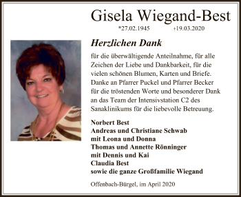 Traueranzeige von Gisela Wiegand-Best von Offenbach