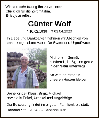 Traueranzeige von Günter Wolf von Offenbach