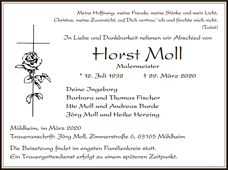  Traueranzeige für Horst Moll vom 11.04.2020 aus Offenbach