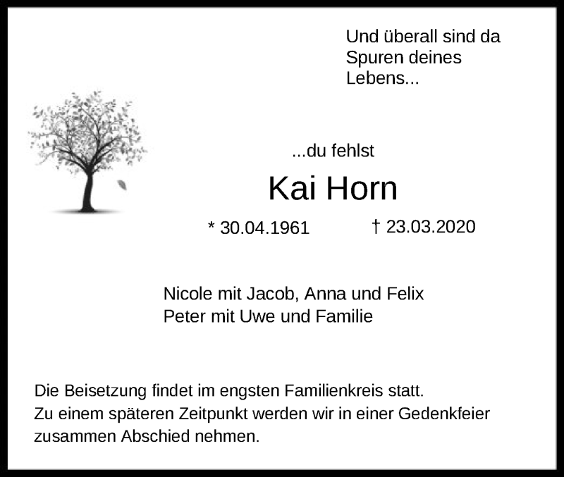  Traueranzeige für Kai Horn vom 04.04.2020 aus Offenbach