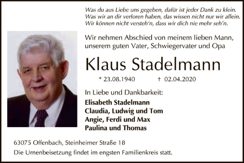  Traueranzeige für Klaus Stadelmann vom 11.04.2020 aus Offenbach