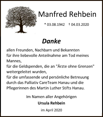 Traueranzeige von Manfred Rehbein von Offenbach