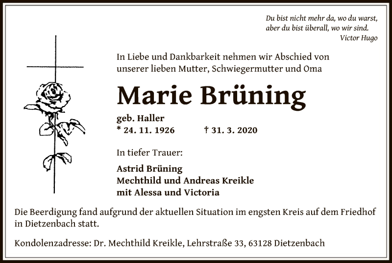  Traueranzeige für Marie Brüning vom 11.04.2020 aus Offenbach