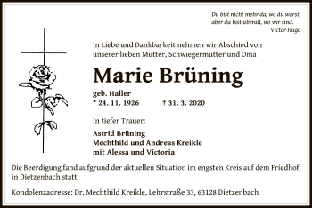 Traueranzeige von Marie Brüning von Offenbach