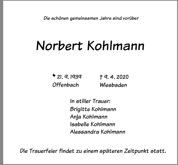 Traueranzeige von Norbert Kohlmann von Offenbach