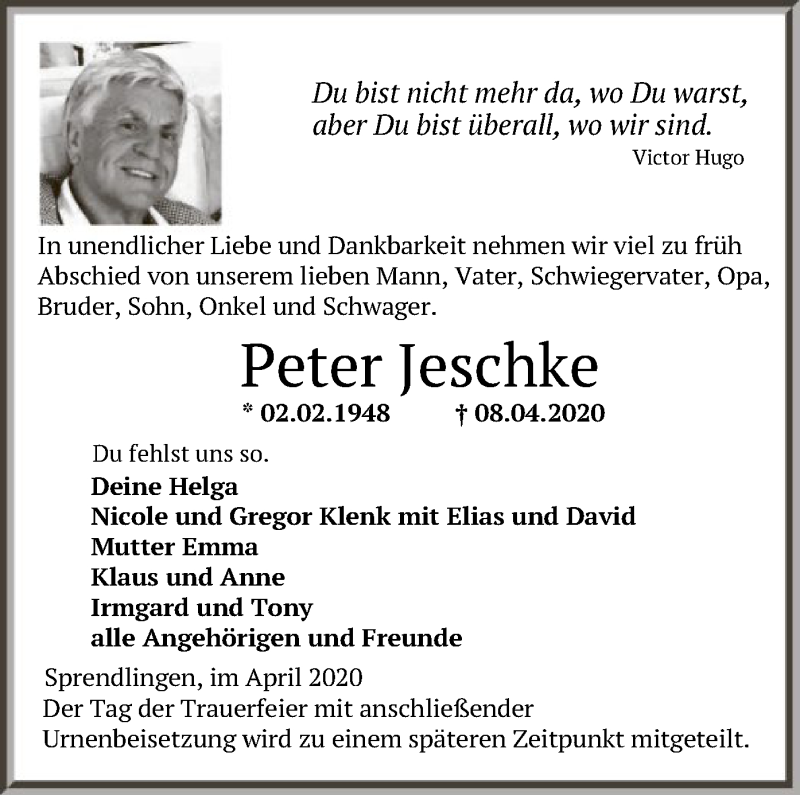  Traueranzeige für Peter Jeschke vom 28.04.2020 aus OF