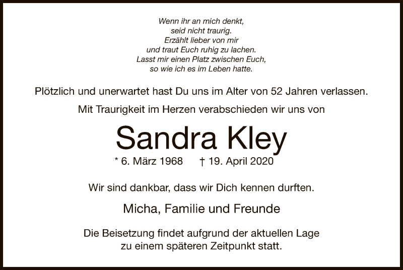  Traueranzeige für Sandra Kley vom 25.04.2020 aus OF