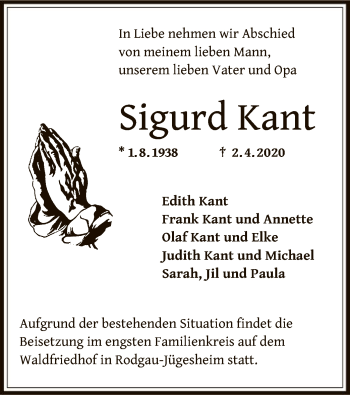 Traueranzeige von Sigurd Kant von Offenbach