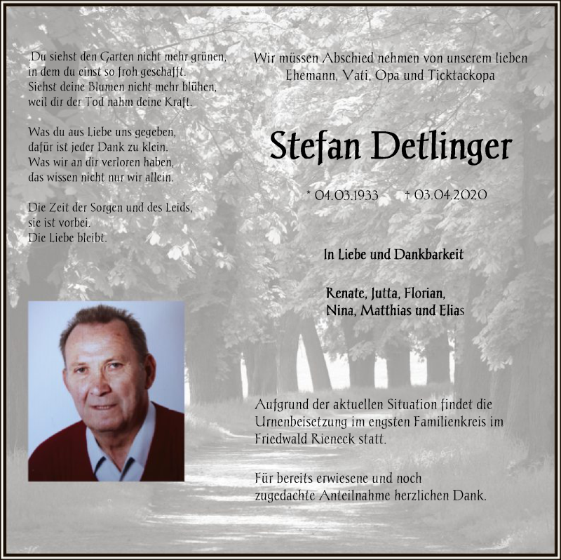  Traueranzeige für Stefan Detlinger vom 11.04.2020 aus Offenbach