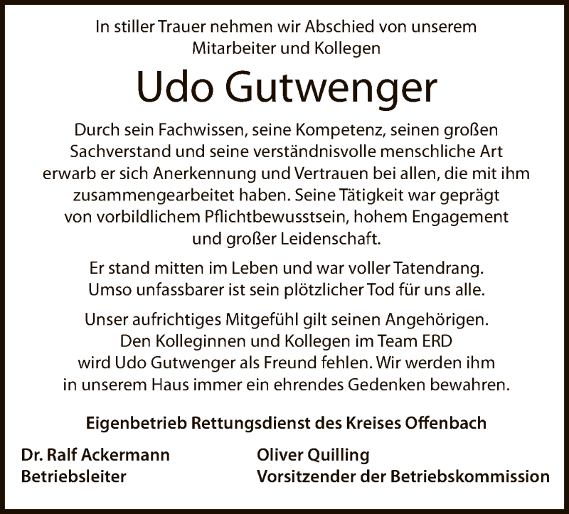  Traueranzeige für Udo Gutwenger vom 08.04.2020 aus Offenbach