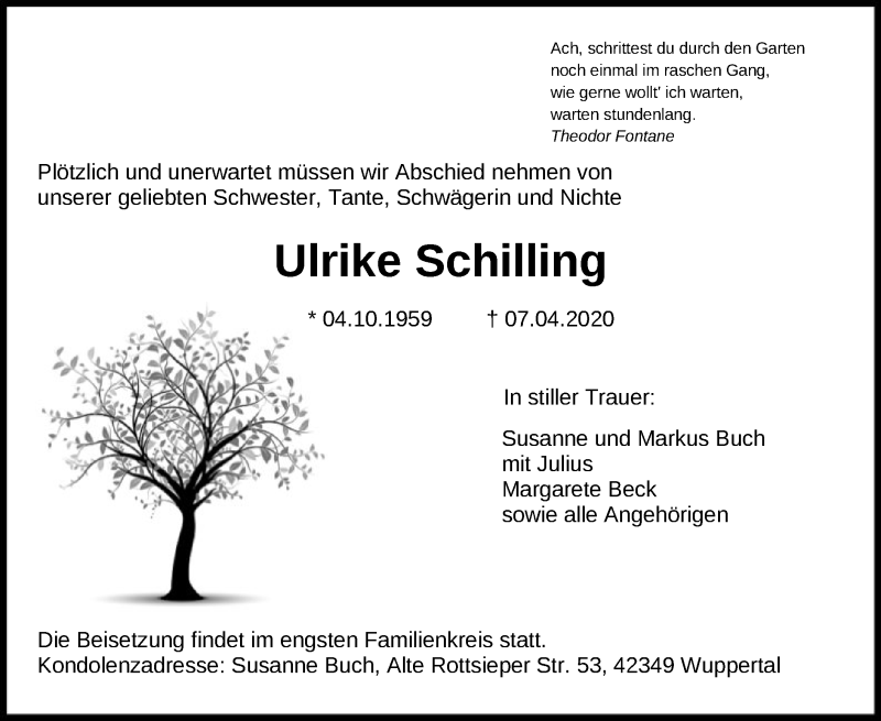  Traueranzeige für Ulrike Schilling vom 15.04.2020 aus Offenbach