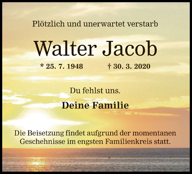  Traueranzeige für Walter Jacob vom 04.04.2020 aus Offenbach