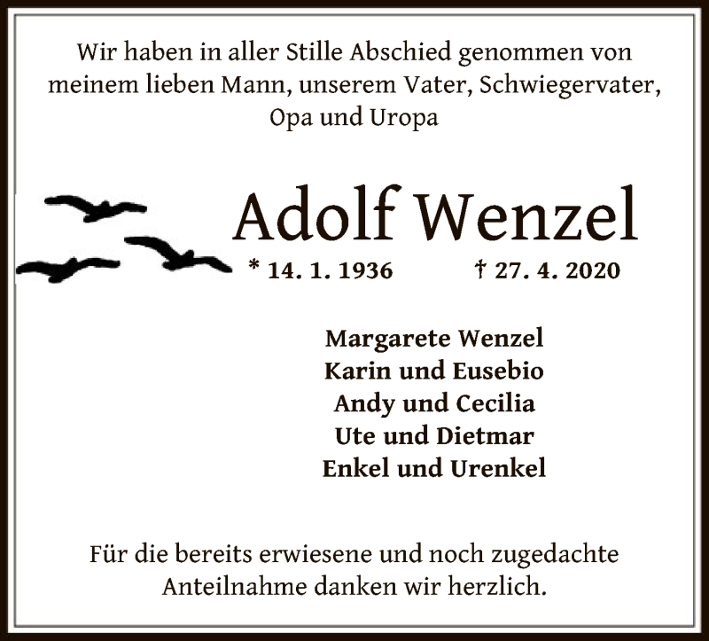 Traueranzeige für Adolf Wenzel vom 09.05.2020 aus OF