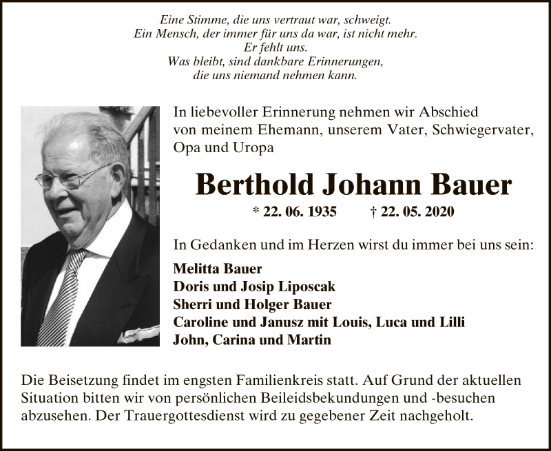  Traueranzeige für Berthold Johann Bauer vom 30.05.2020 aus OF