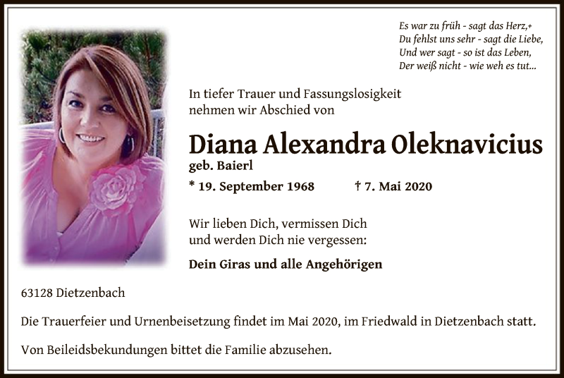  Traueranzeige für Diana Alexandra Oleknavicius vom 21.05.2020 aus OF