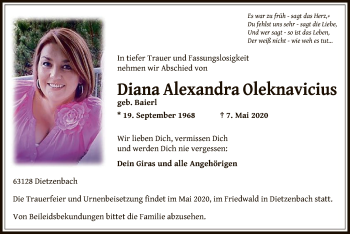 Traueranzeige von Diana Alexandra Oleknavicius von OF