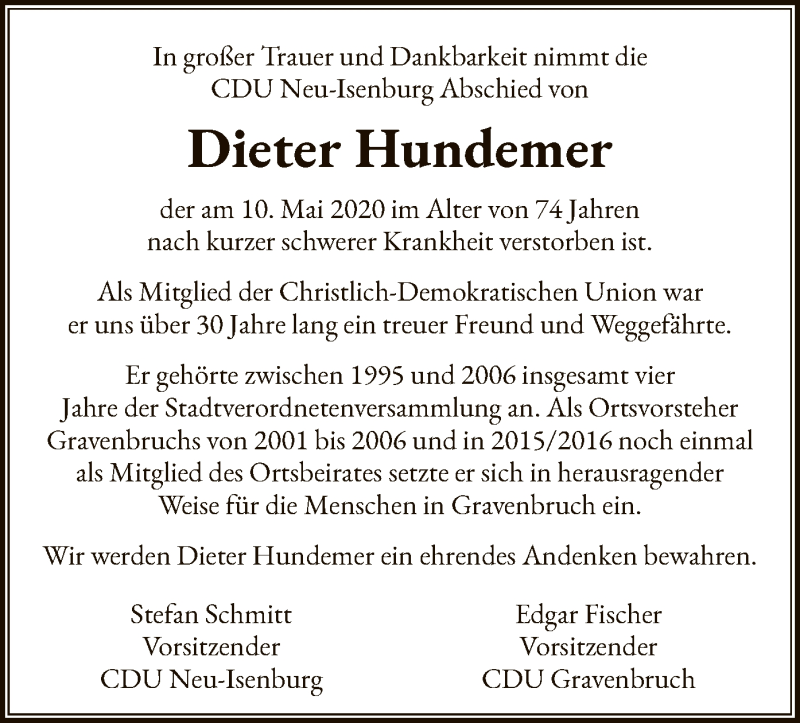  Traueranzeige für Dieter Hundemer vom 21.05.2020 aus OF