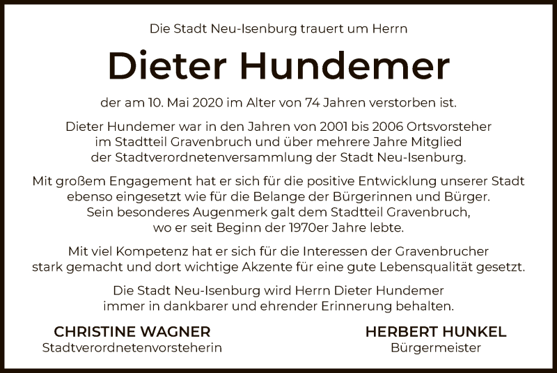  Traueranzeige für Dieter Hundemer vom 21.05.2020 aus OF