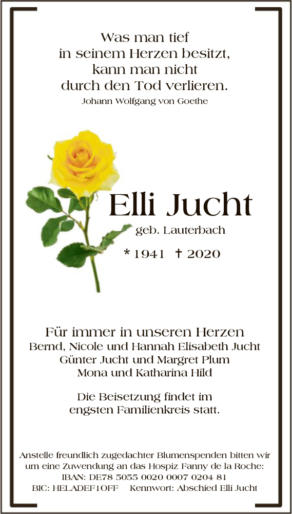  Traueranzeige für Elli Jucht vom 30.05.2020 aus OF