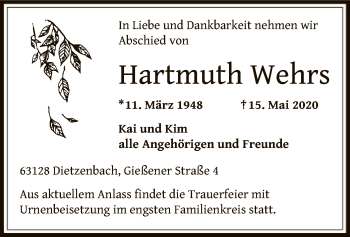 Traueranzeige von Hartmuth Wehrs von OF