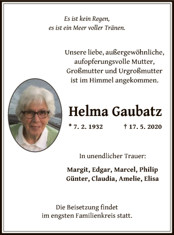 Traueranzeige von Helma Gaubatz von OF