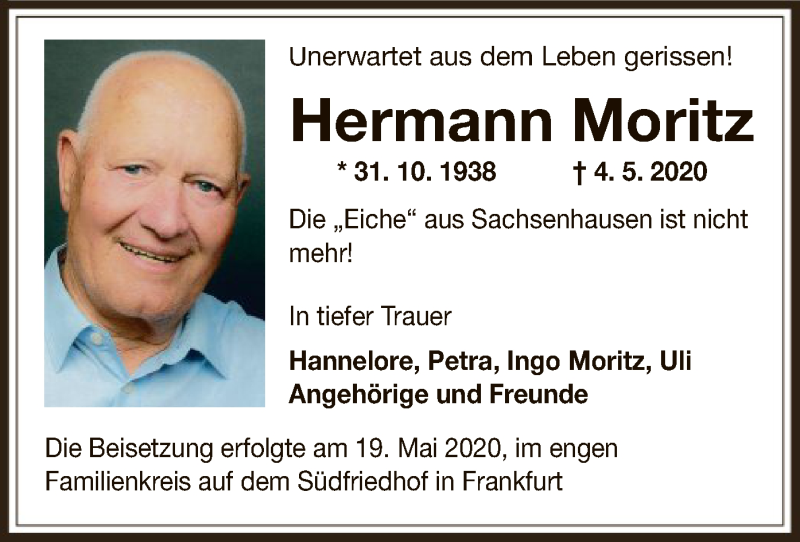  Traueranzeige für Hermann Moritz vom 20.05.2020 aus OF