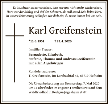 Traueranzeige von Karl Greifenstein von OF