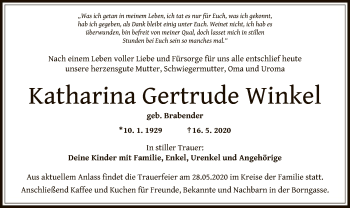 Traueranzeige von Katharina Gertrude Winkel von OF